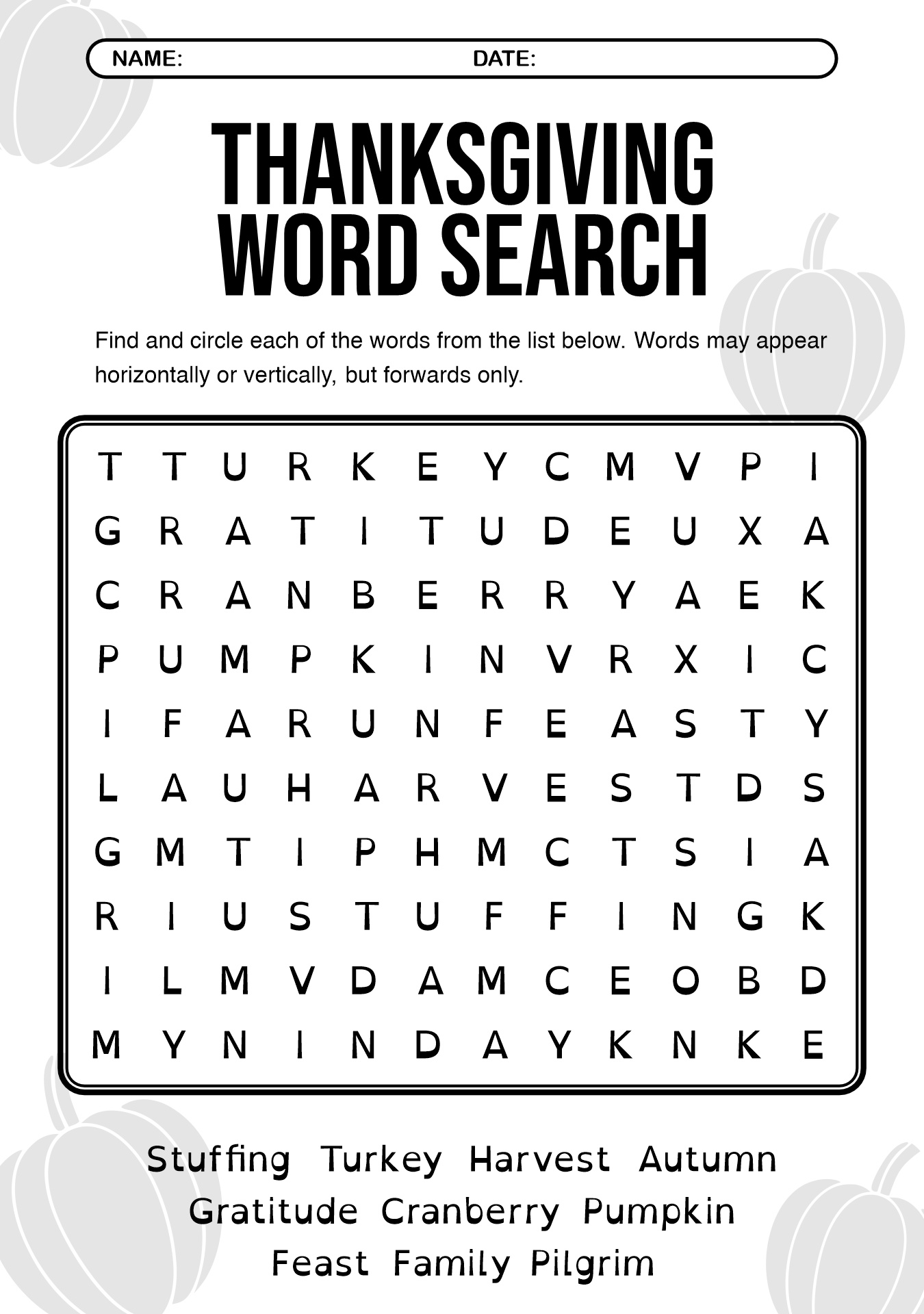 Thanksgiving Word Search Puzzle Worksheets