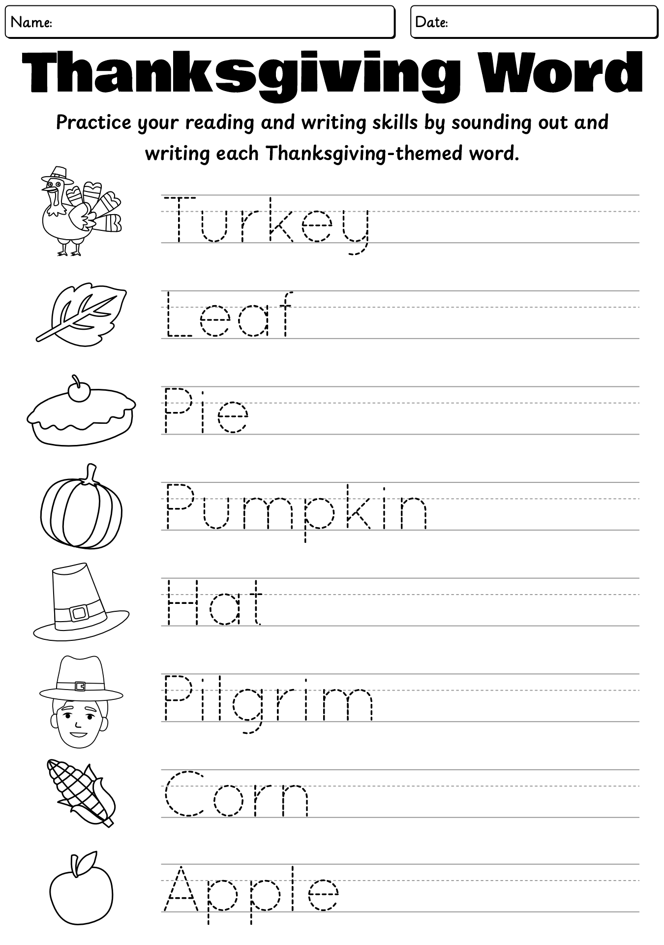 Thanksgiving Word Tracing Worksheet