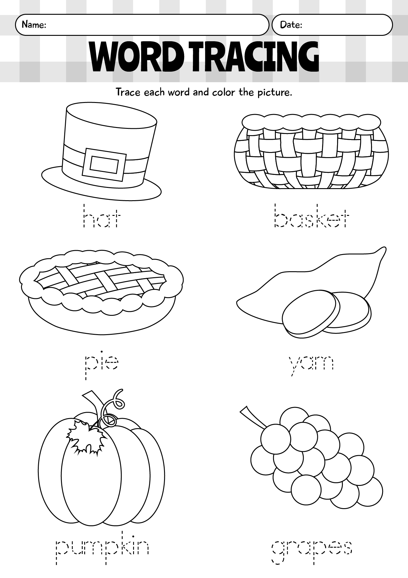 Thanksgiving Word Tracing Worksheet