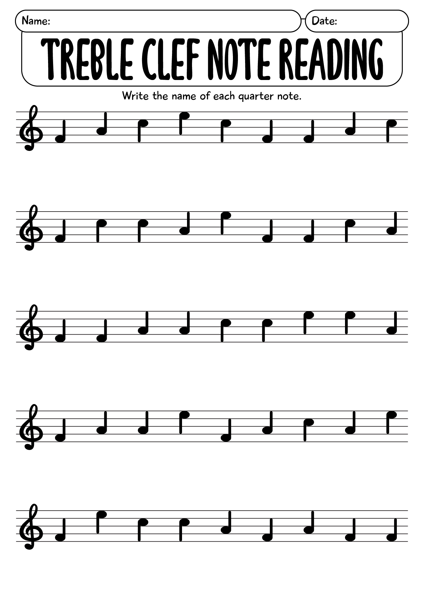 Treble Clef Note Reading Music Worksheets