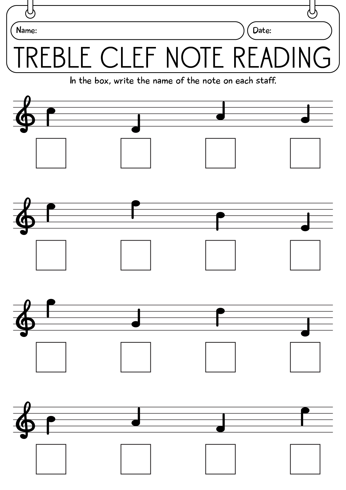 Treble Clef Note Reading Worksheets