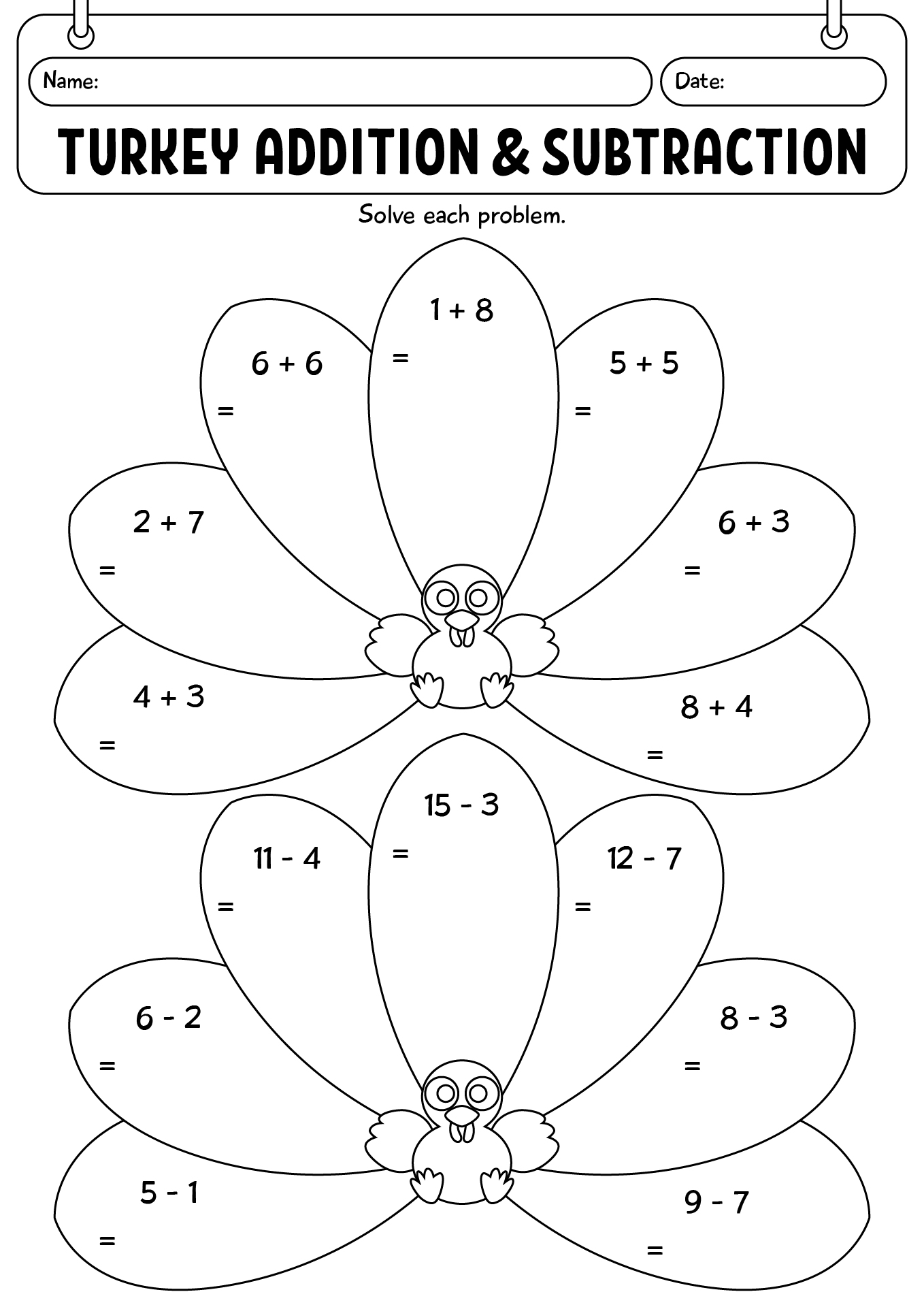 Turkey Addition And Subtraction Worksheet
