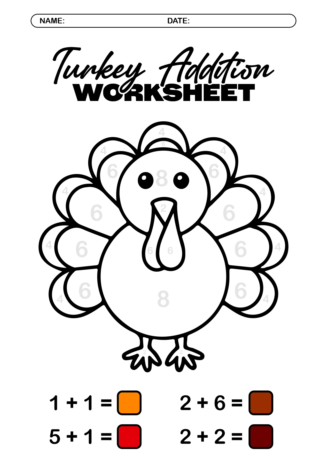 Turkey Addition Worksheets for 1st Grade