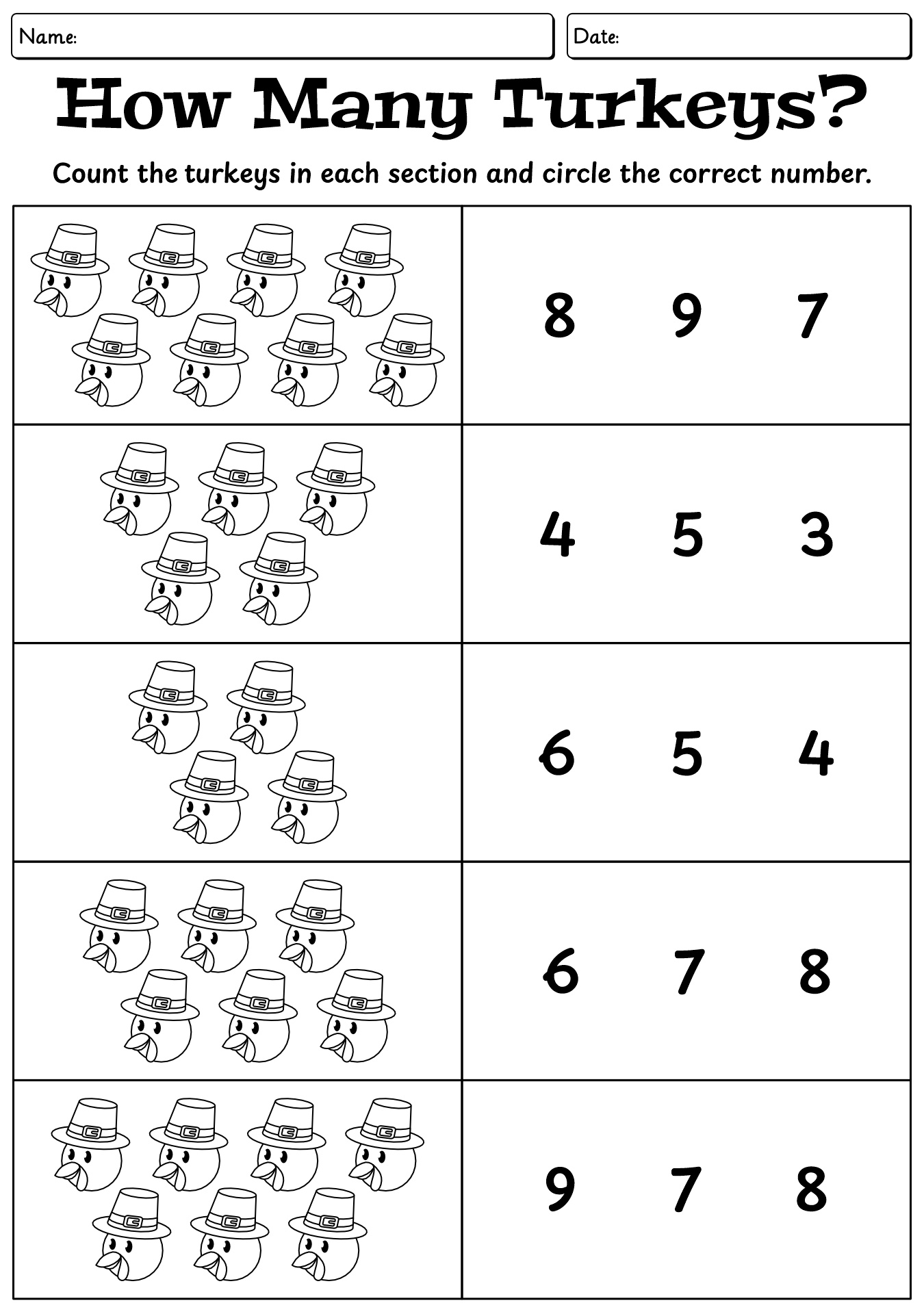 Turkey Counting Sheets for 1st Graders