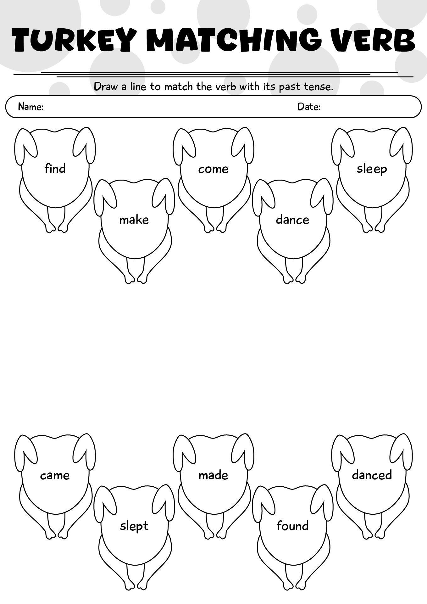 Turkey Matching Verb Worksheet