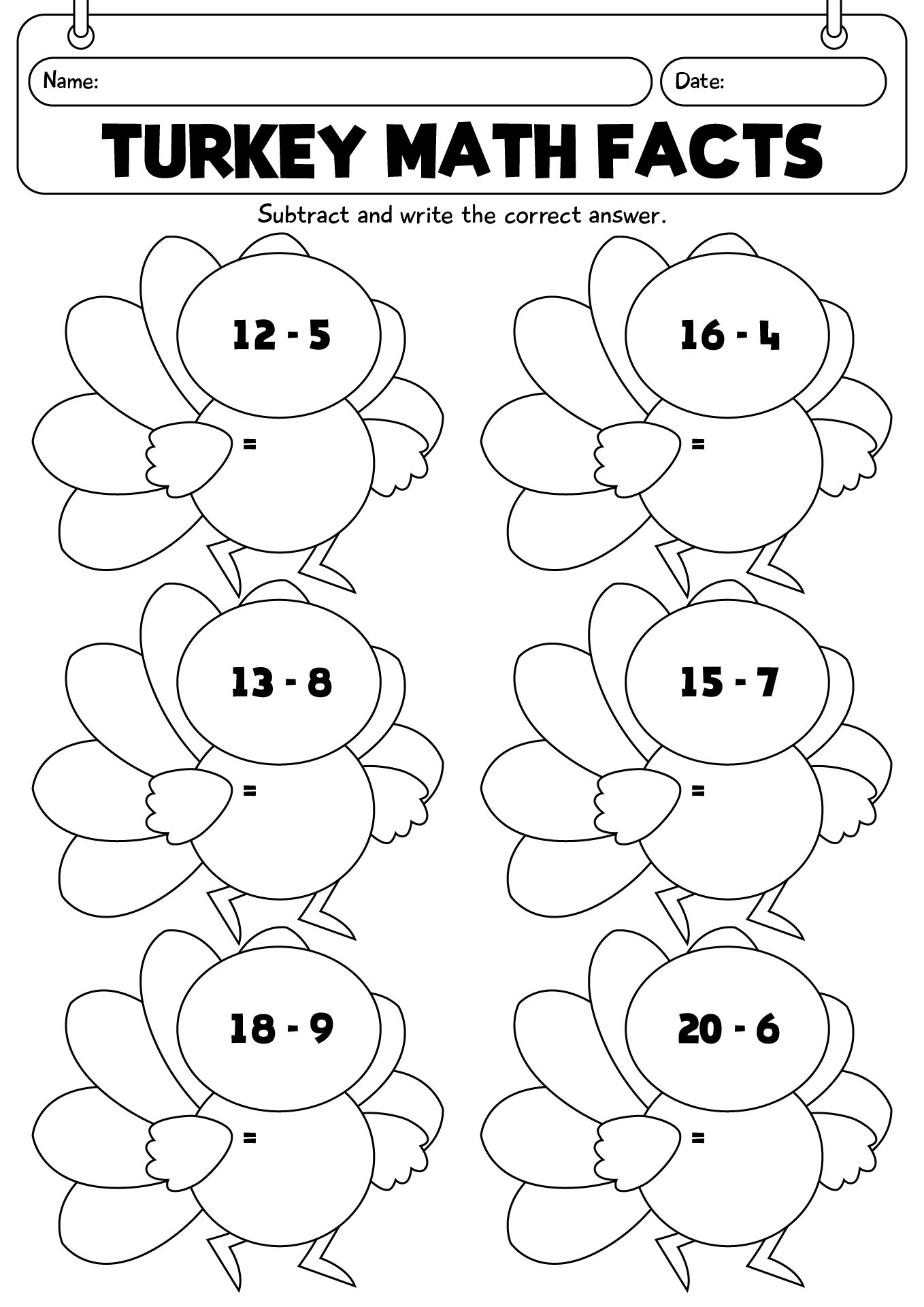 Turkey Math Facts Worksheet For 1st Grade