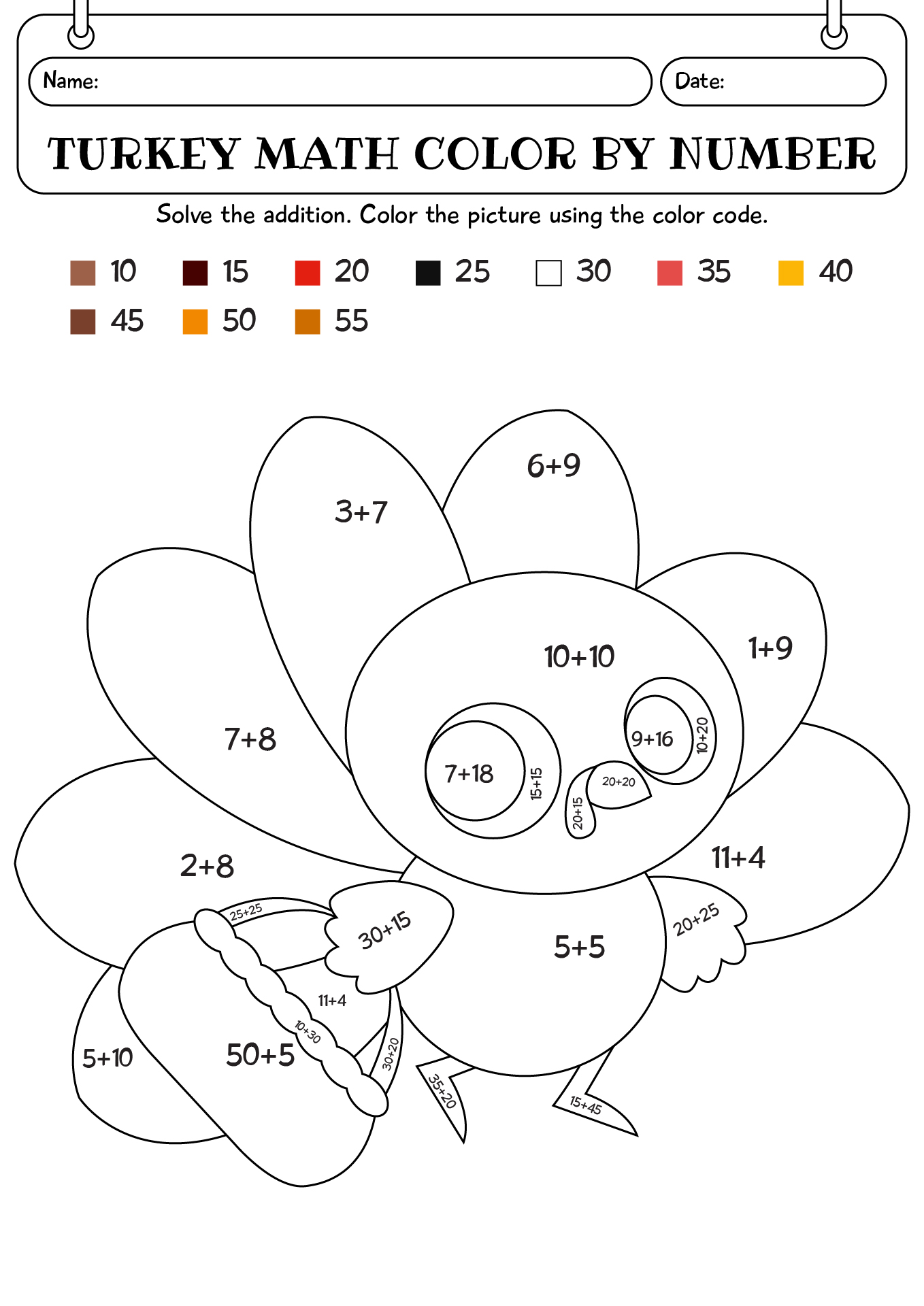 Turkey Math Thanksgiving Color By Number Worksheet