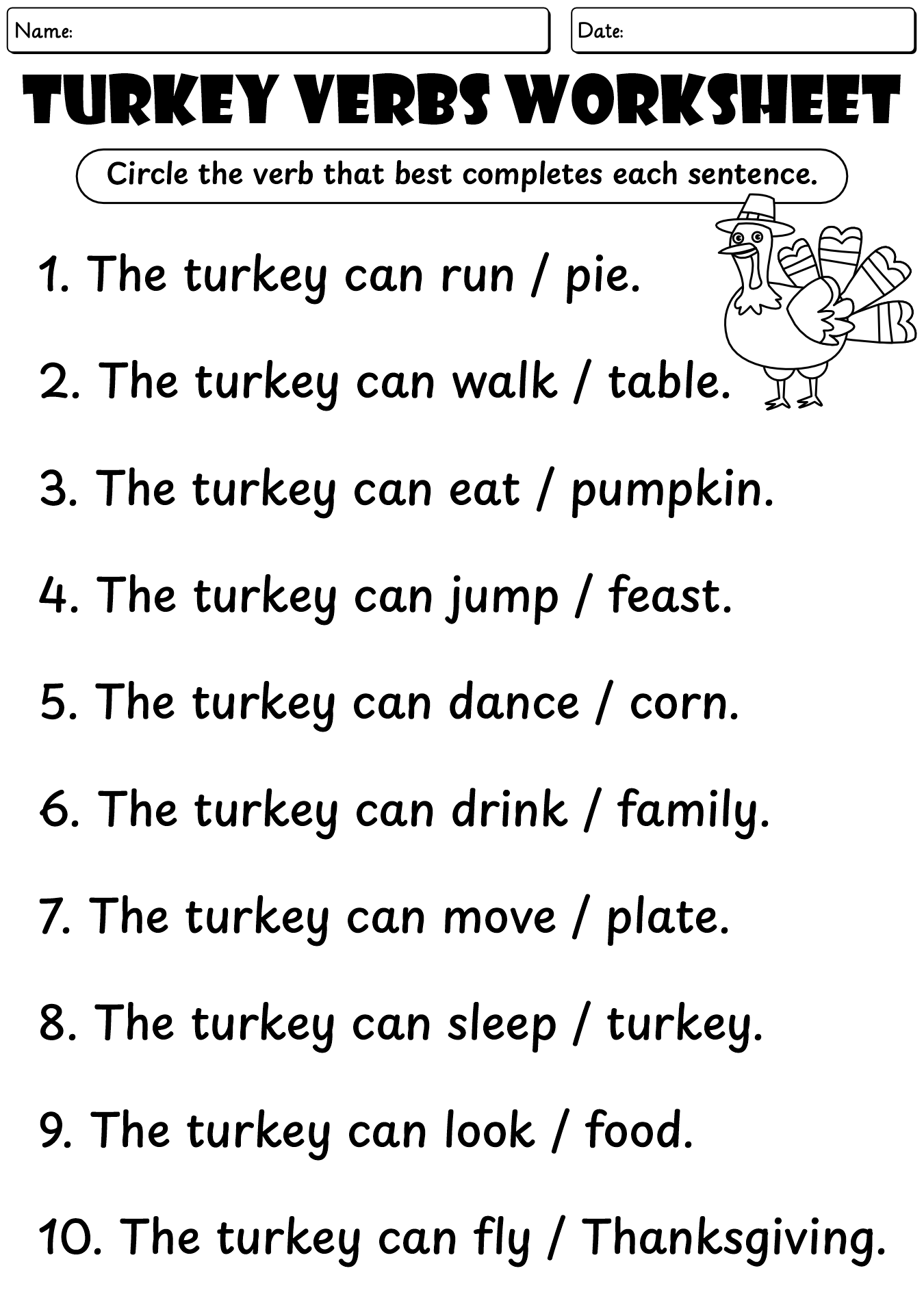 Turkey Verbs Practice Sheet