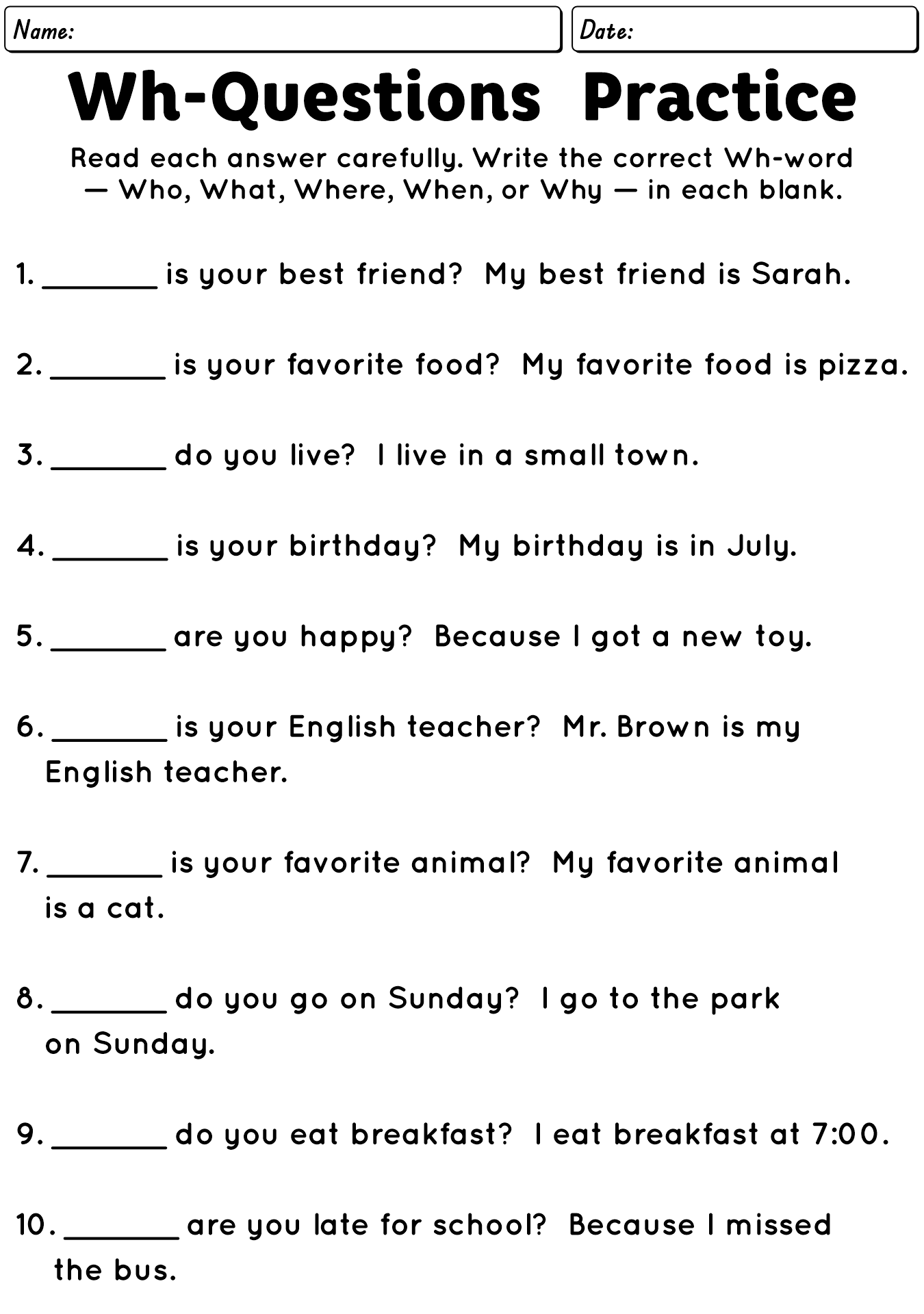 WH Questions Printable Worksheet For Students