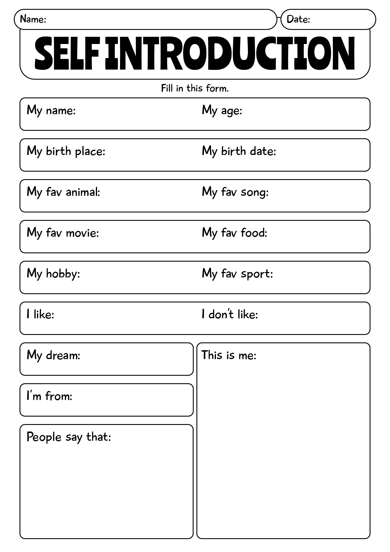 Worksheet On Self Introduction For Kids