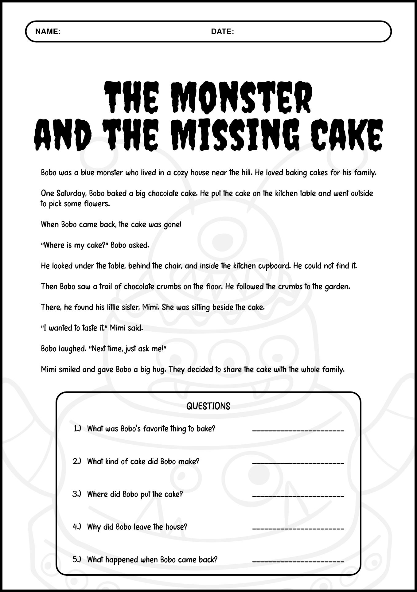 2nd Grade Monster Reading Worksheets