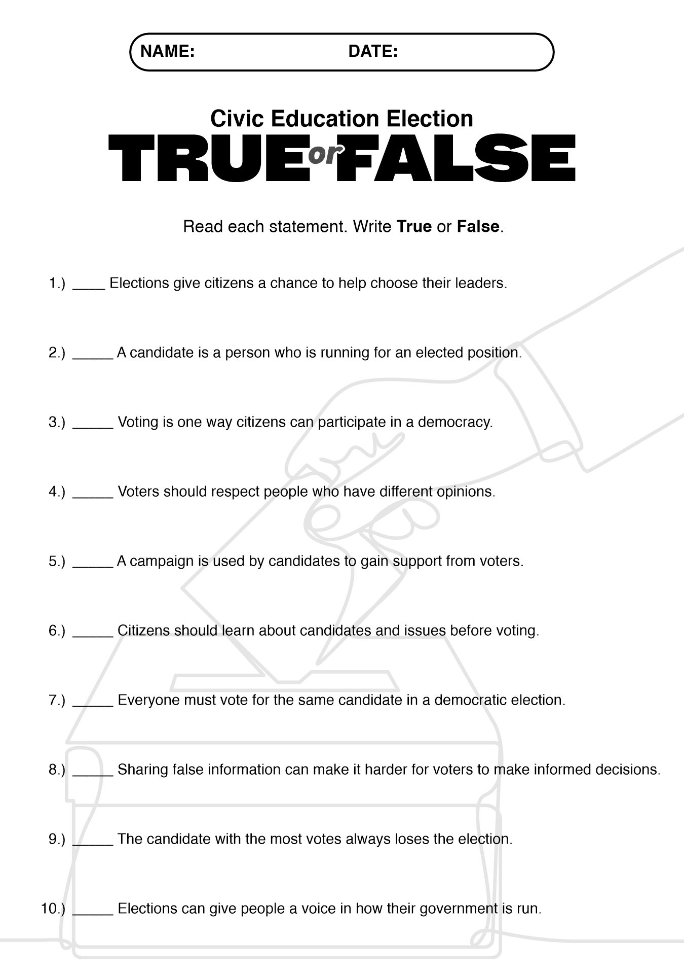 Civic Education Election Worksheets for 5th Grade