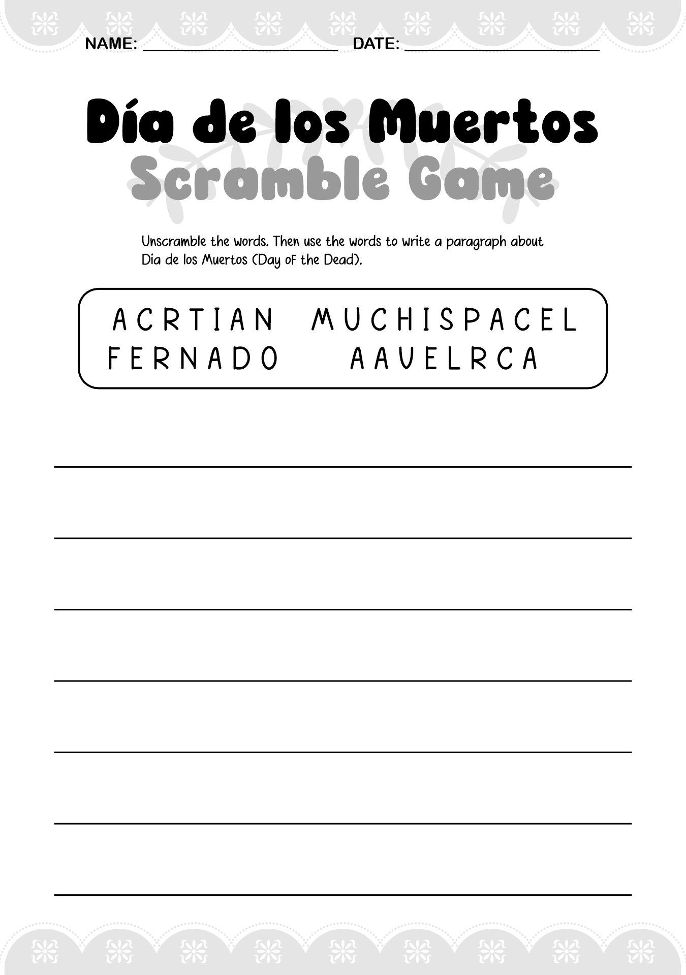 Cultural Studies Día de los Muertos Worksheets