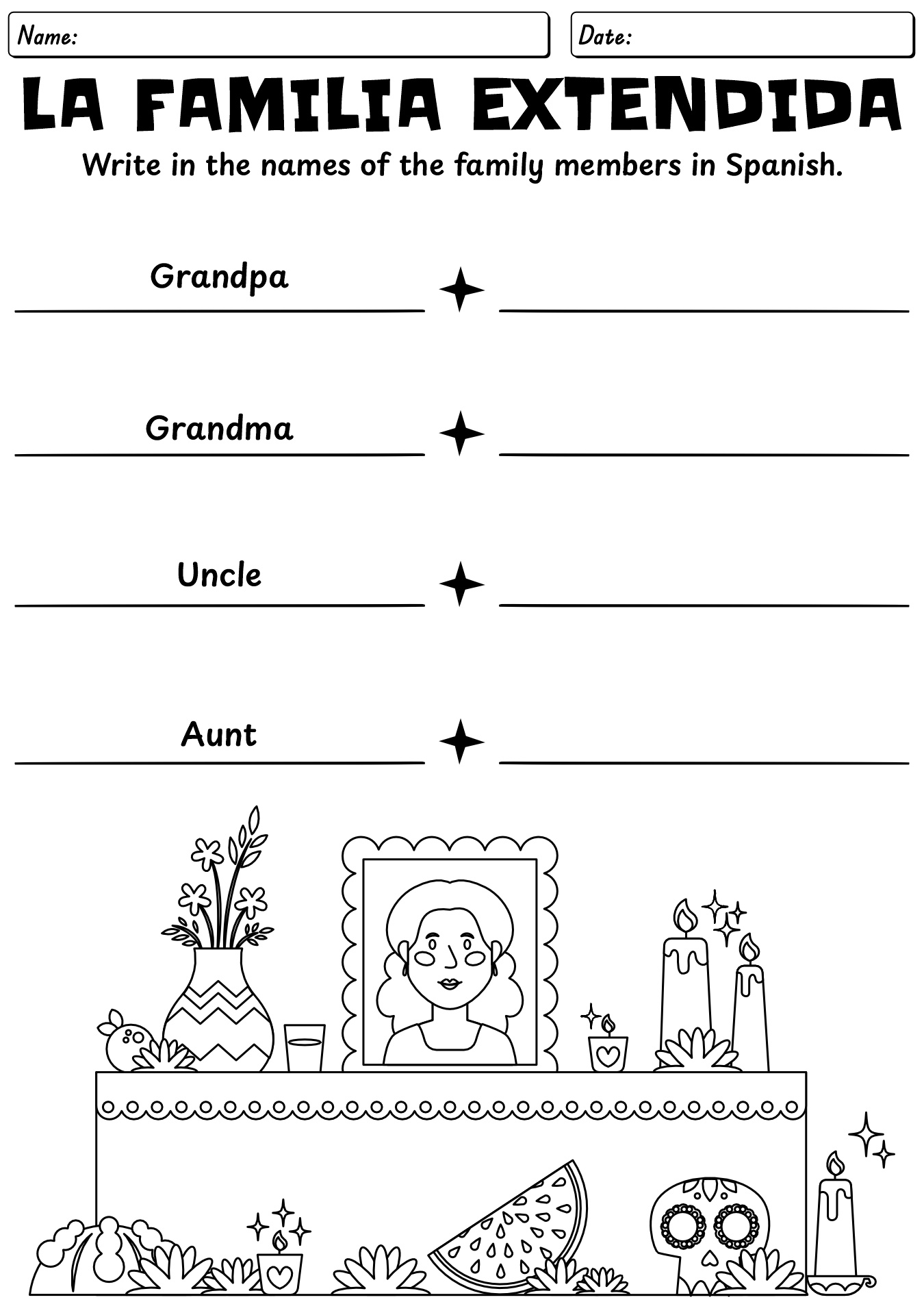 Día De Los Muertos Family Tree Project Worksheet