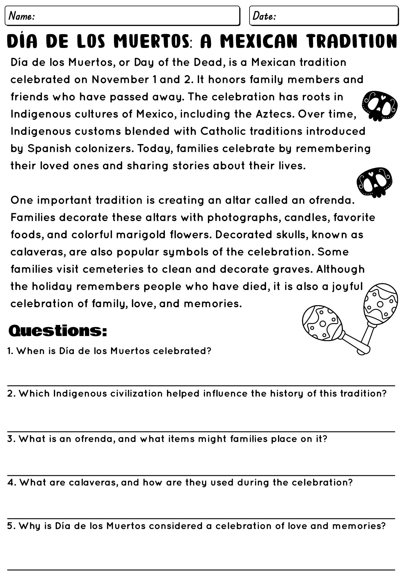 Día de los Muertos History Facts Worksheet