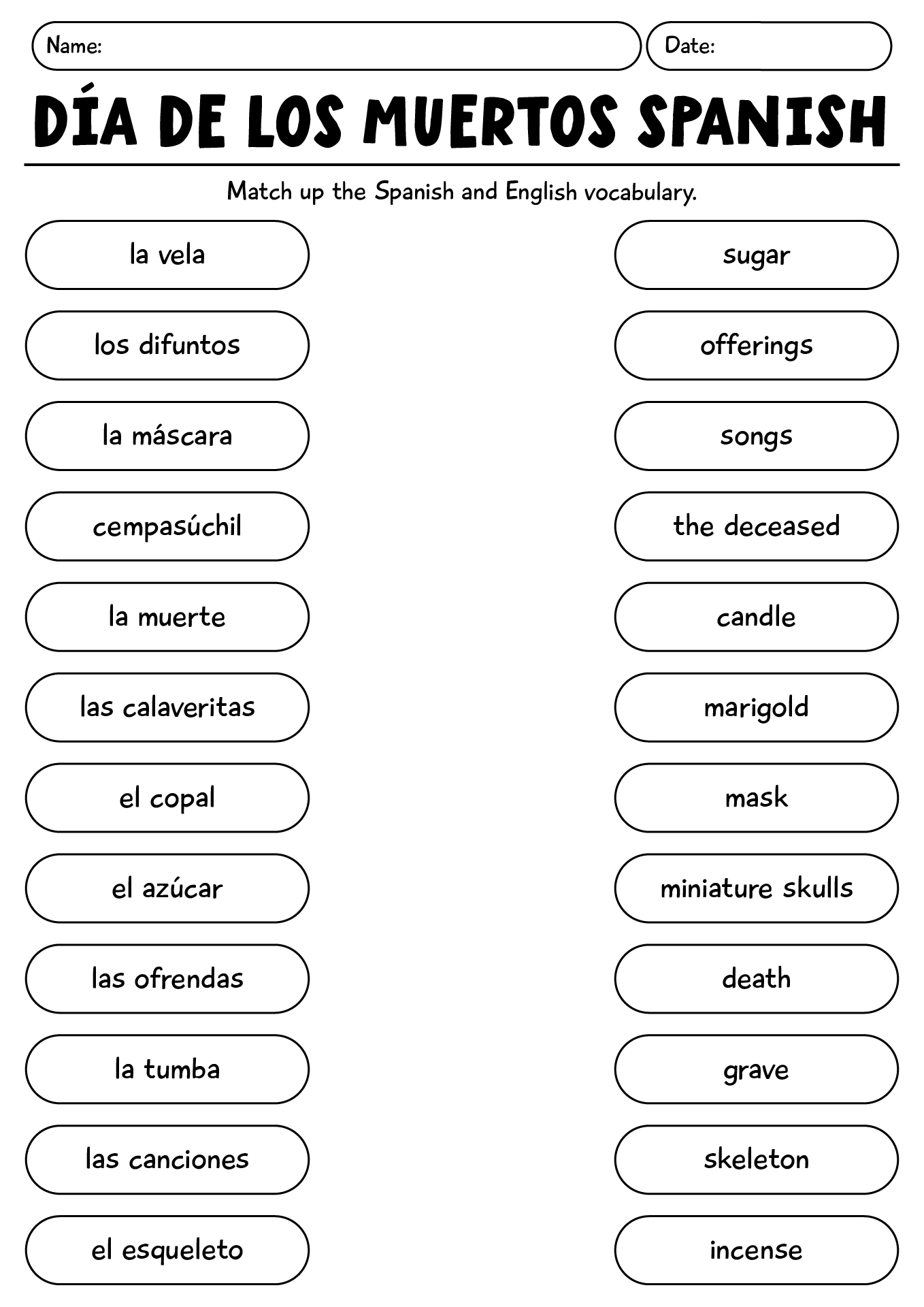 Día De Los Muertos Spanish Worksheet