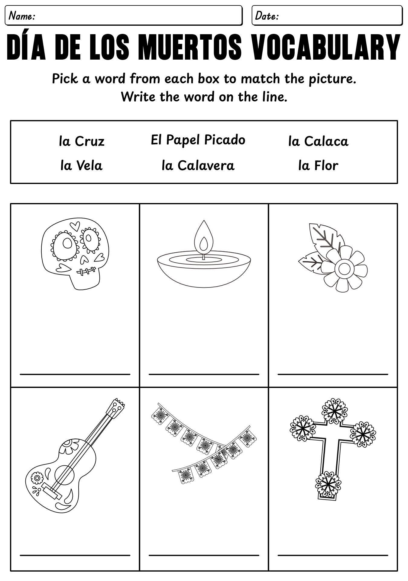 Día de los Muertos Vocabulary Practice Worksheet