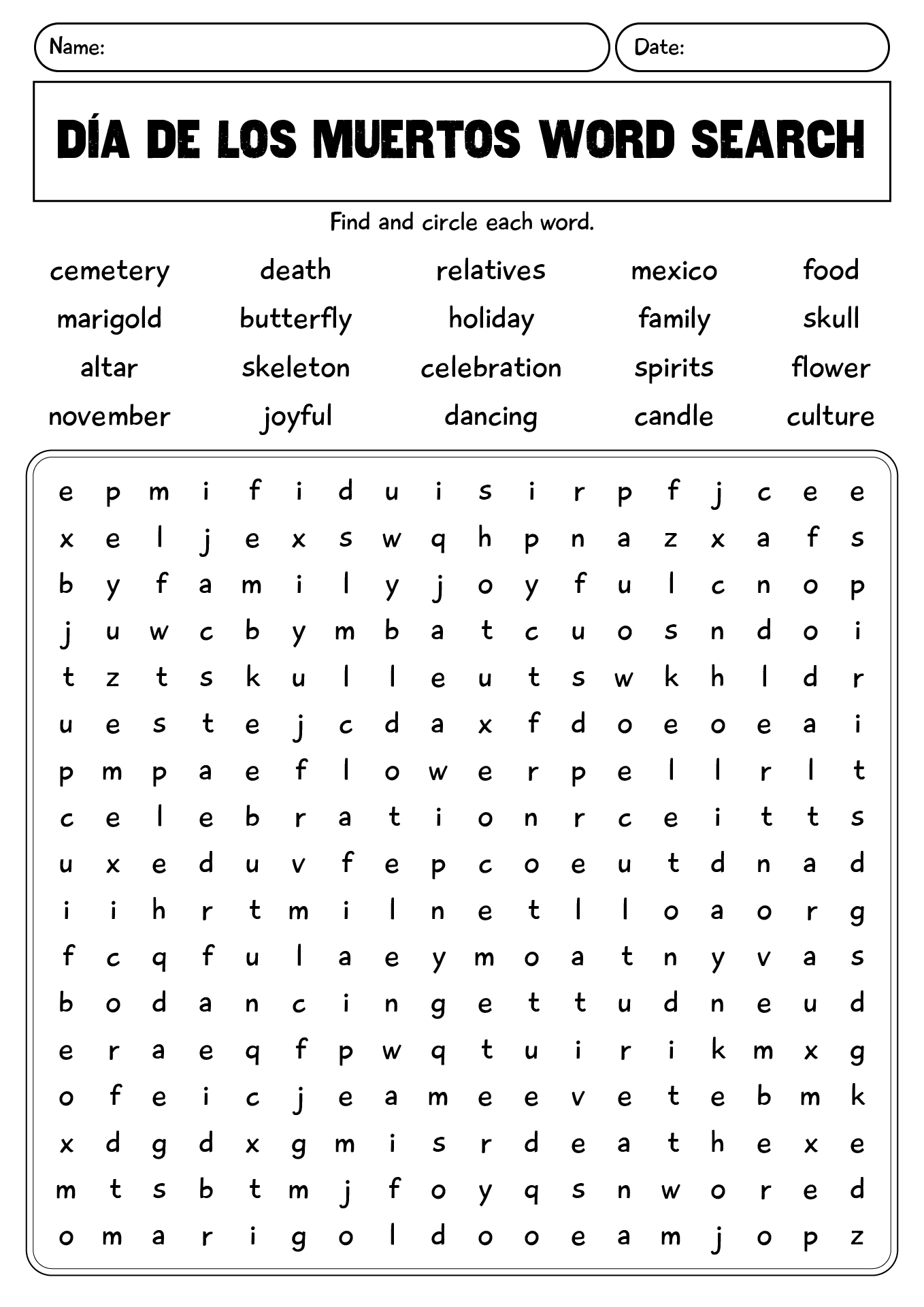 Día De Los Muertos Word Search Worksheet