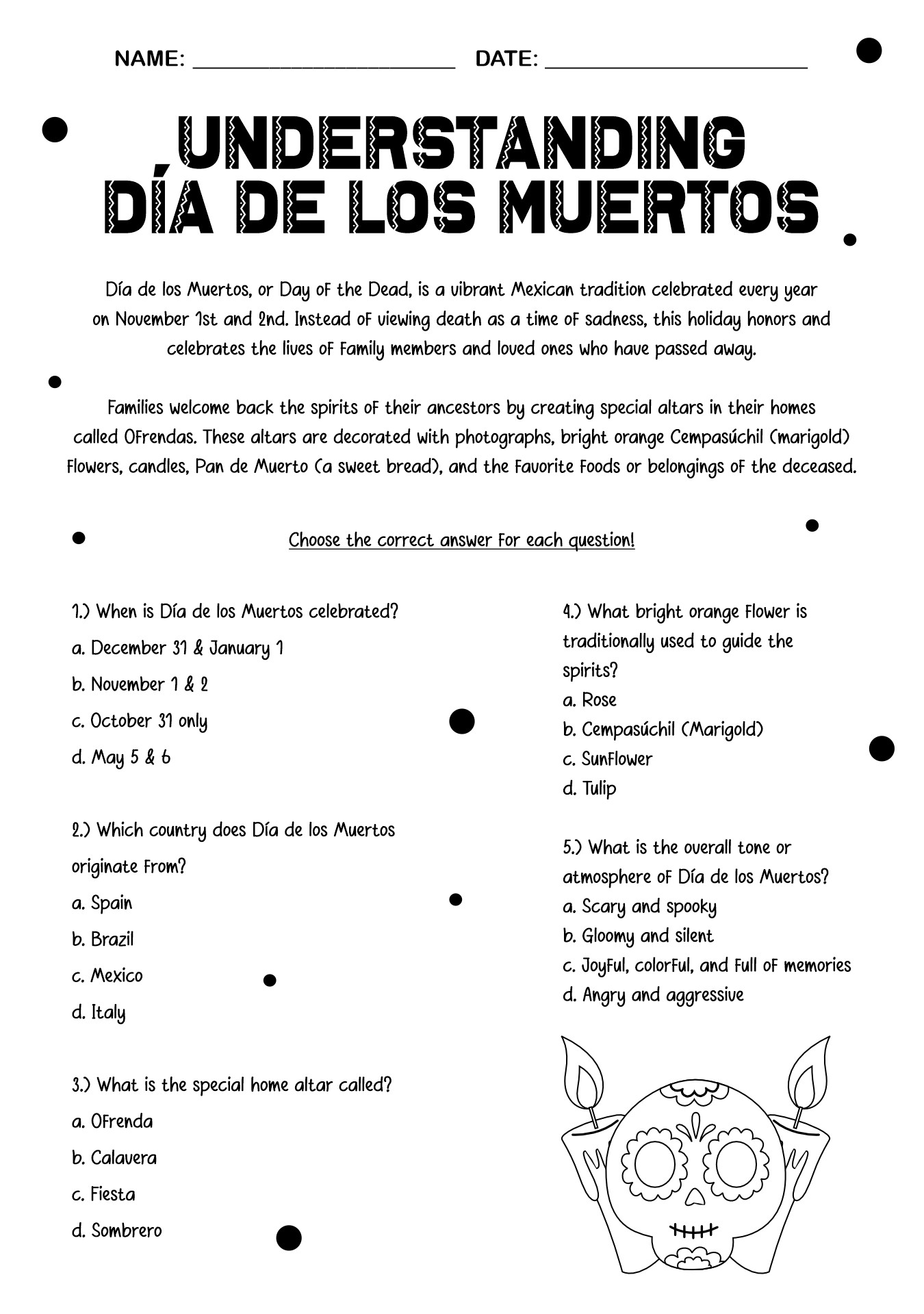 Día de los Muertos Worksheets for Learning