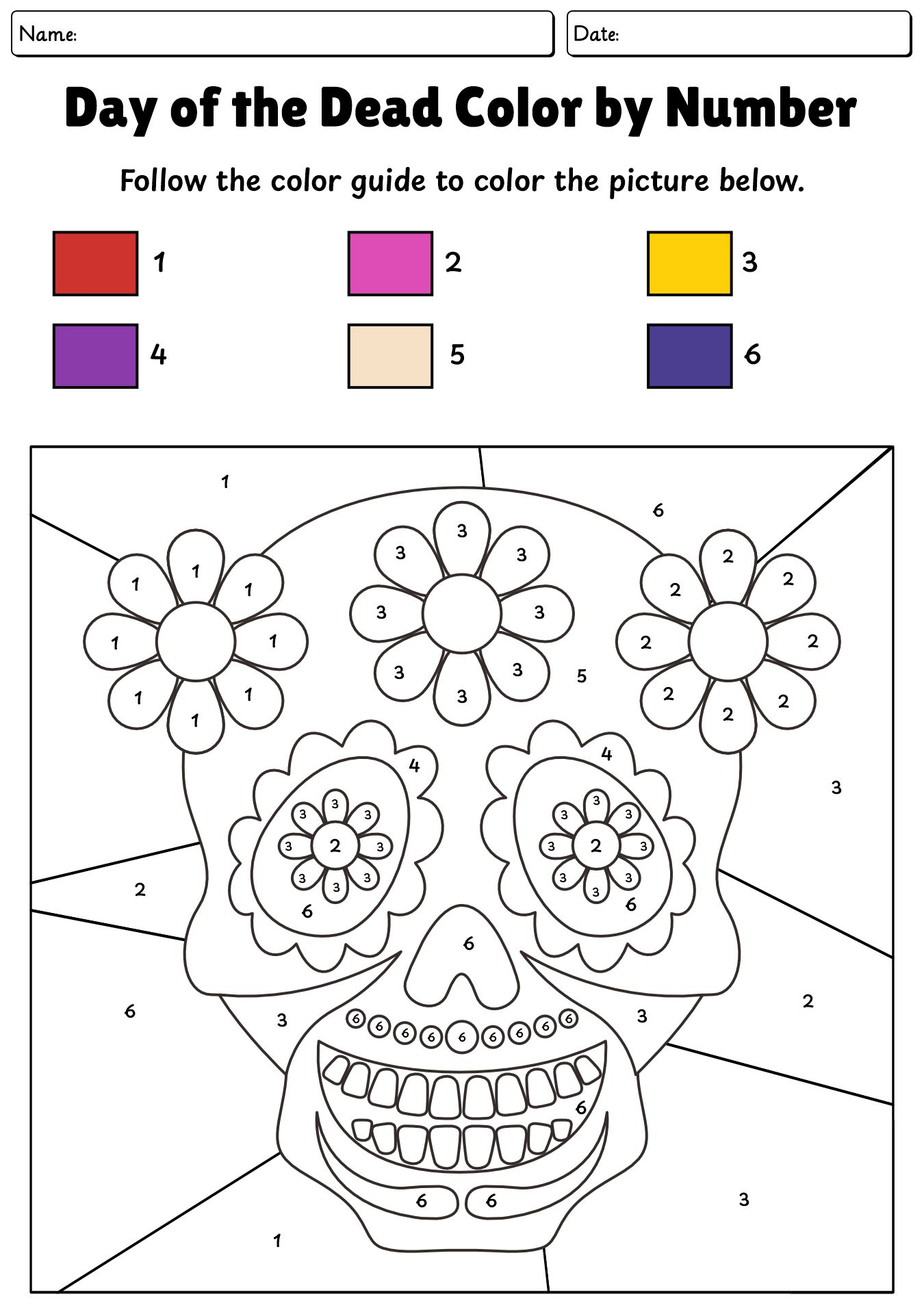 Day Of The Dead Color By Number Worksheet