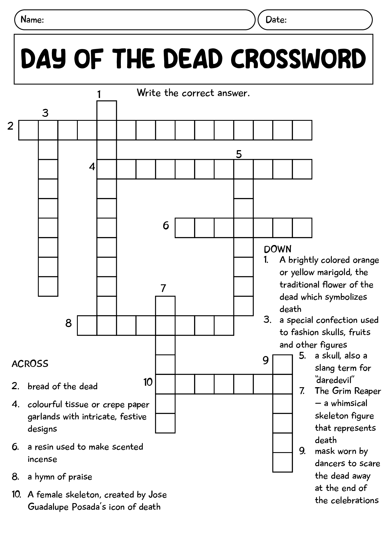 Day Of The Dead Crossword Worksheet