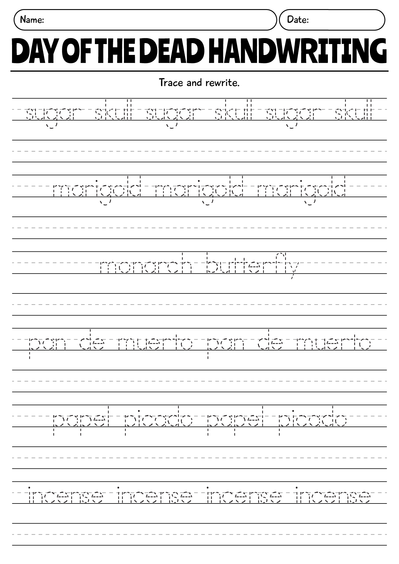 Day Of The Dead Handwriting Worksheet