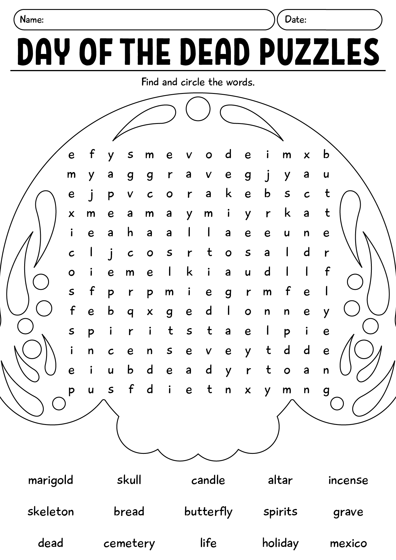 Day Of The Dead Kids Puzzles Worksheet