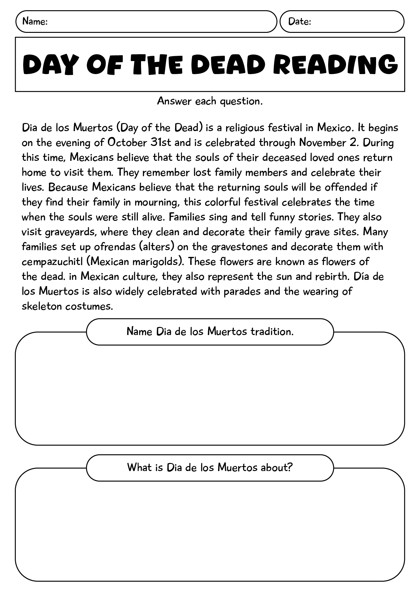 Day Of The Dead Reading Comprehension Worksheet