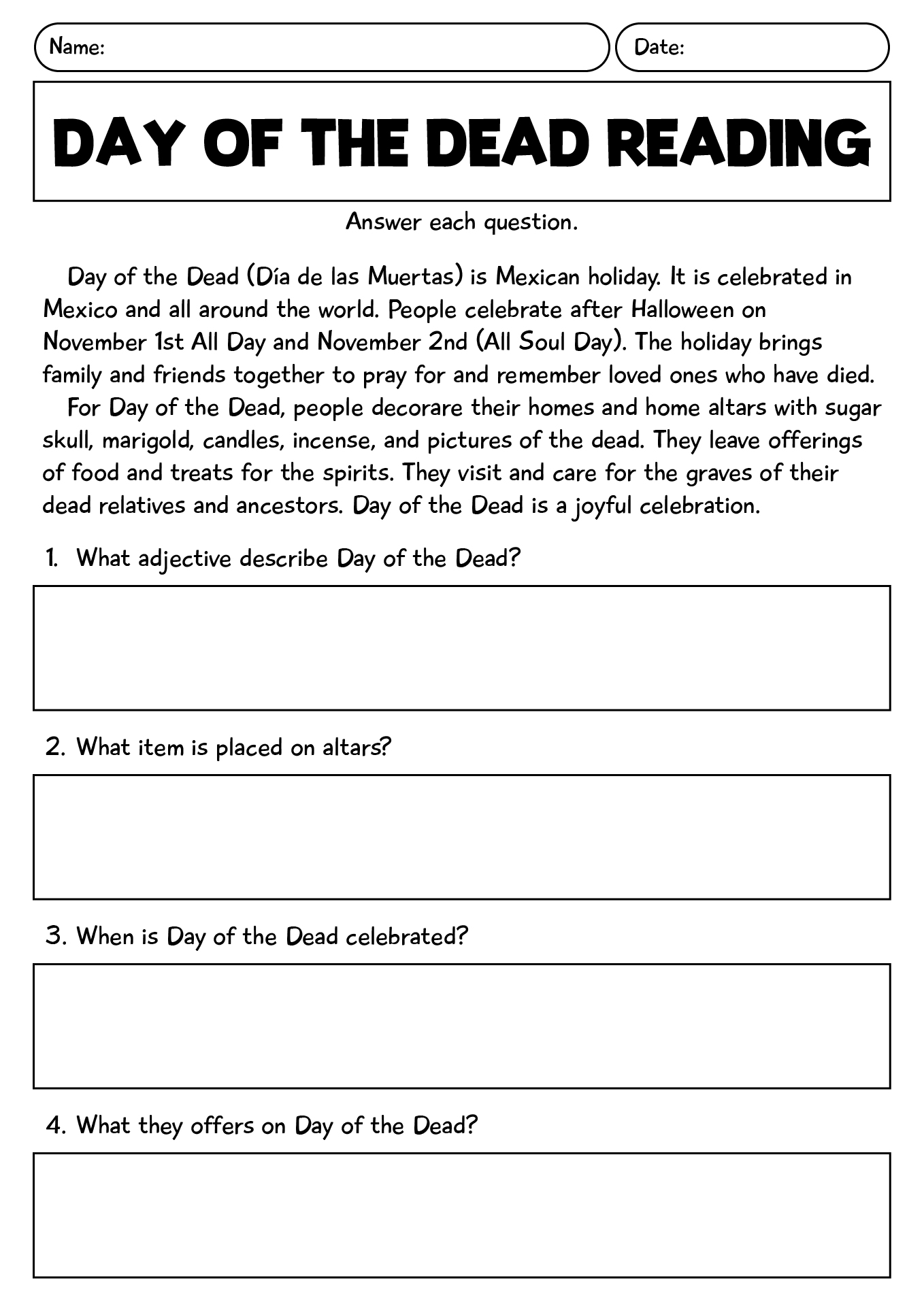 Day Of The Dead Reading Worksheet