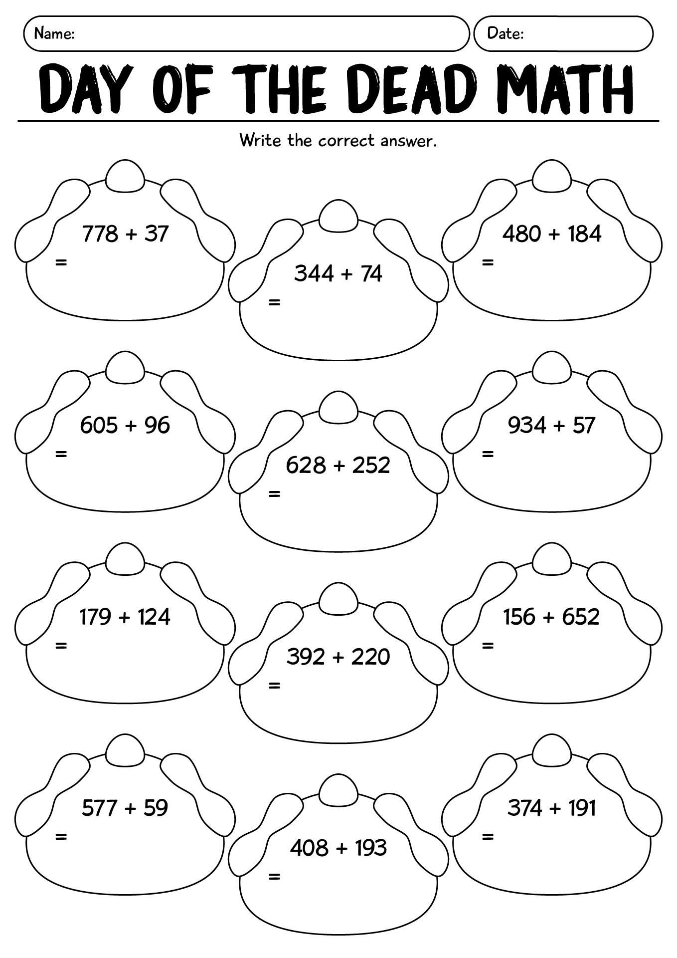 Day Of The Dead Themed Math Worksheets