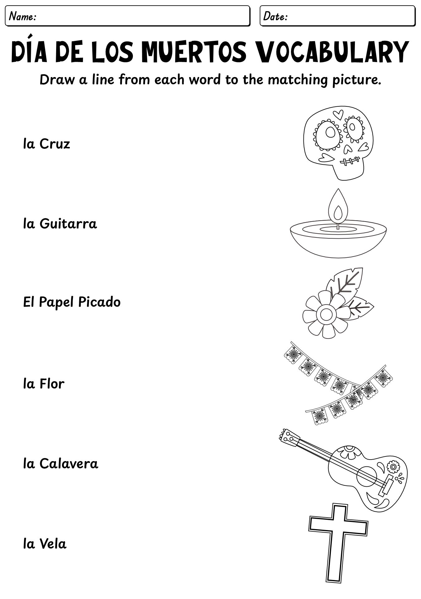 Day Of The Dead Vocabulary Matching Worksheet