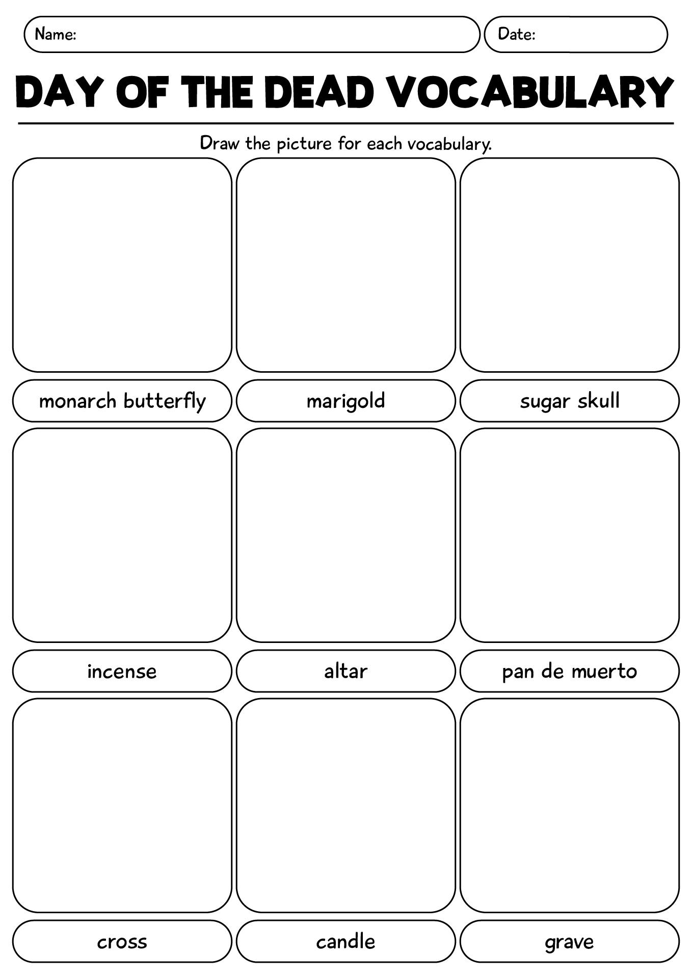 Day Of The Dead Vocabulary Worksheet For Kids