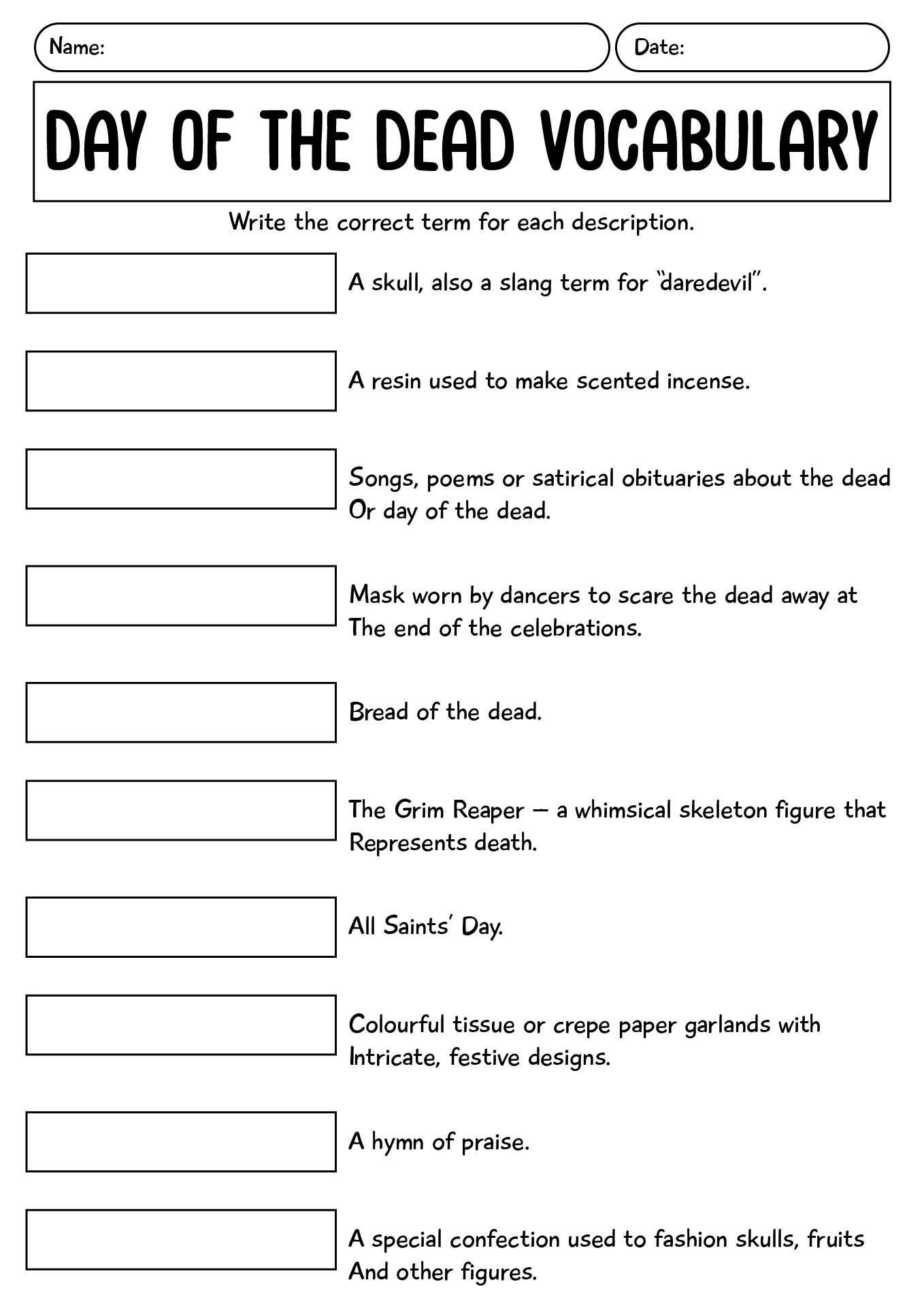Day Of The Dead Vocabulary Worksheet