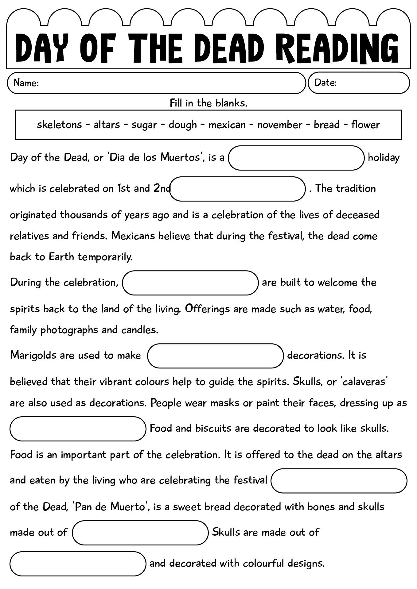 Day Of The Dead Worksheets Reading Activities