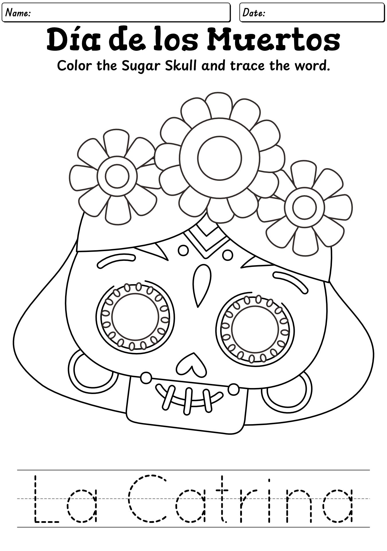 Dia De Los Muertos Color And Trace Worksheet