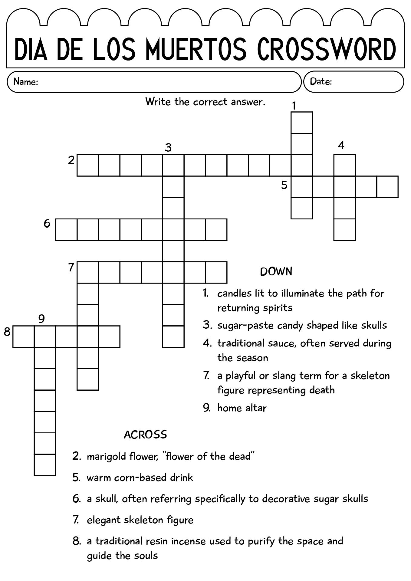 Dia De Los Muertos Crossword Worksheet For Kids