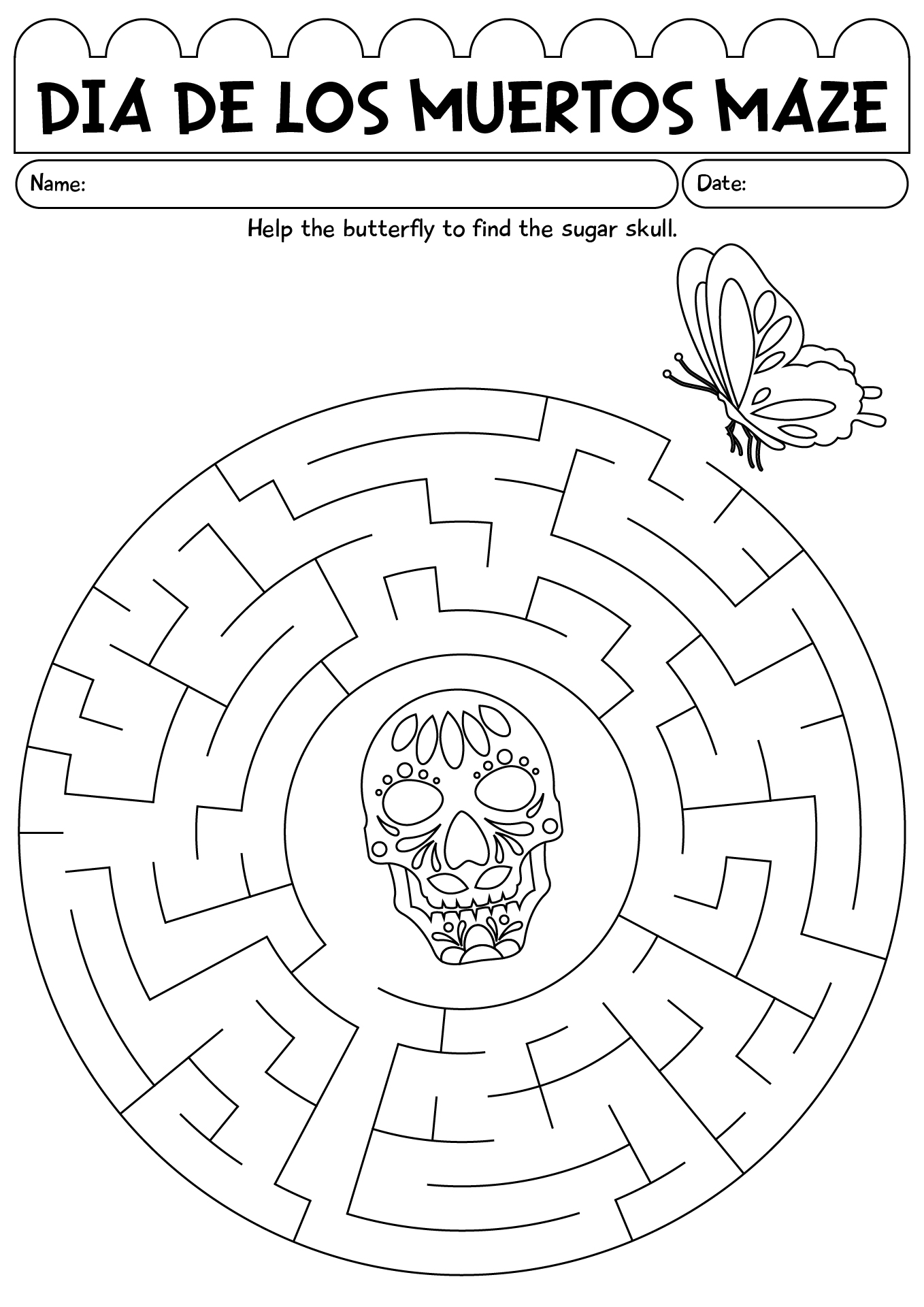 Dia De Los Muertos Maze Worksheet For Kids