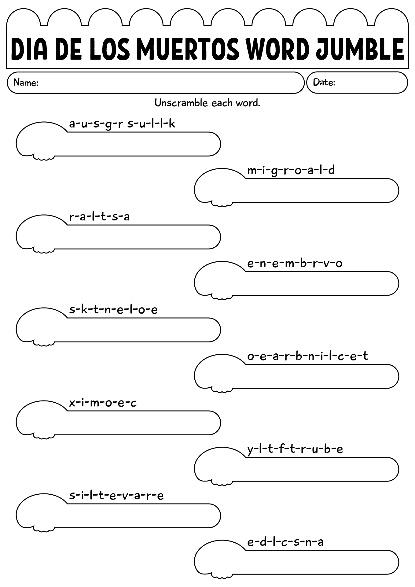 Dia De Los Muertos Word Jumble Worksheet