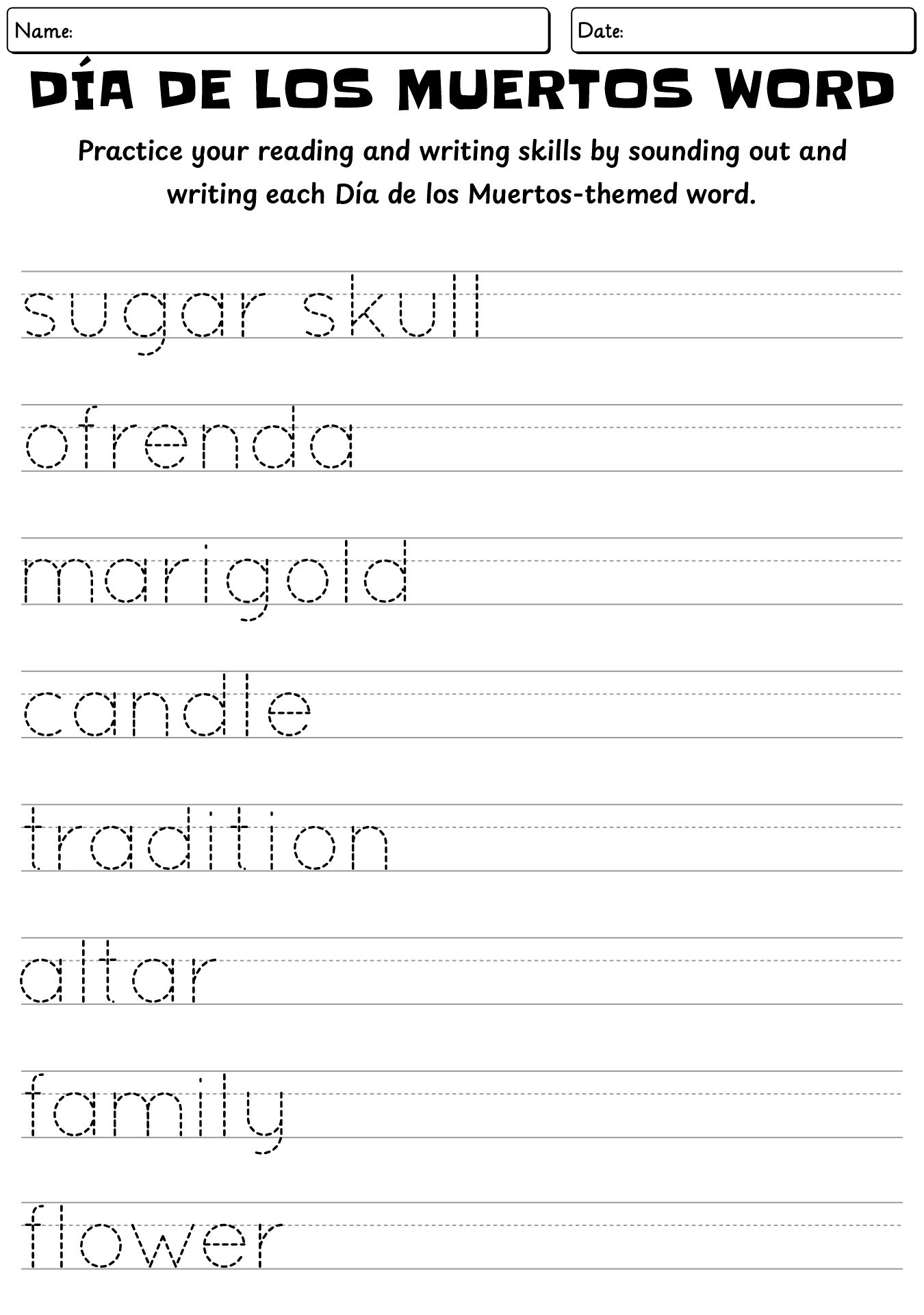 Dia De Los Muertos Word Tracing Worksheet