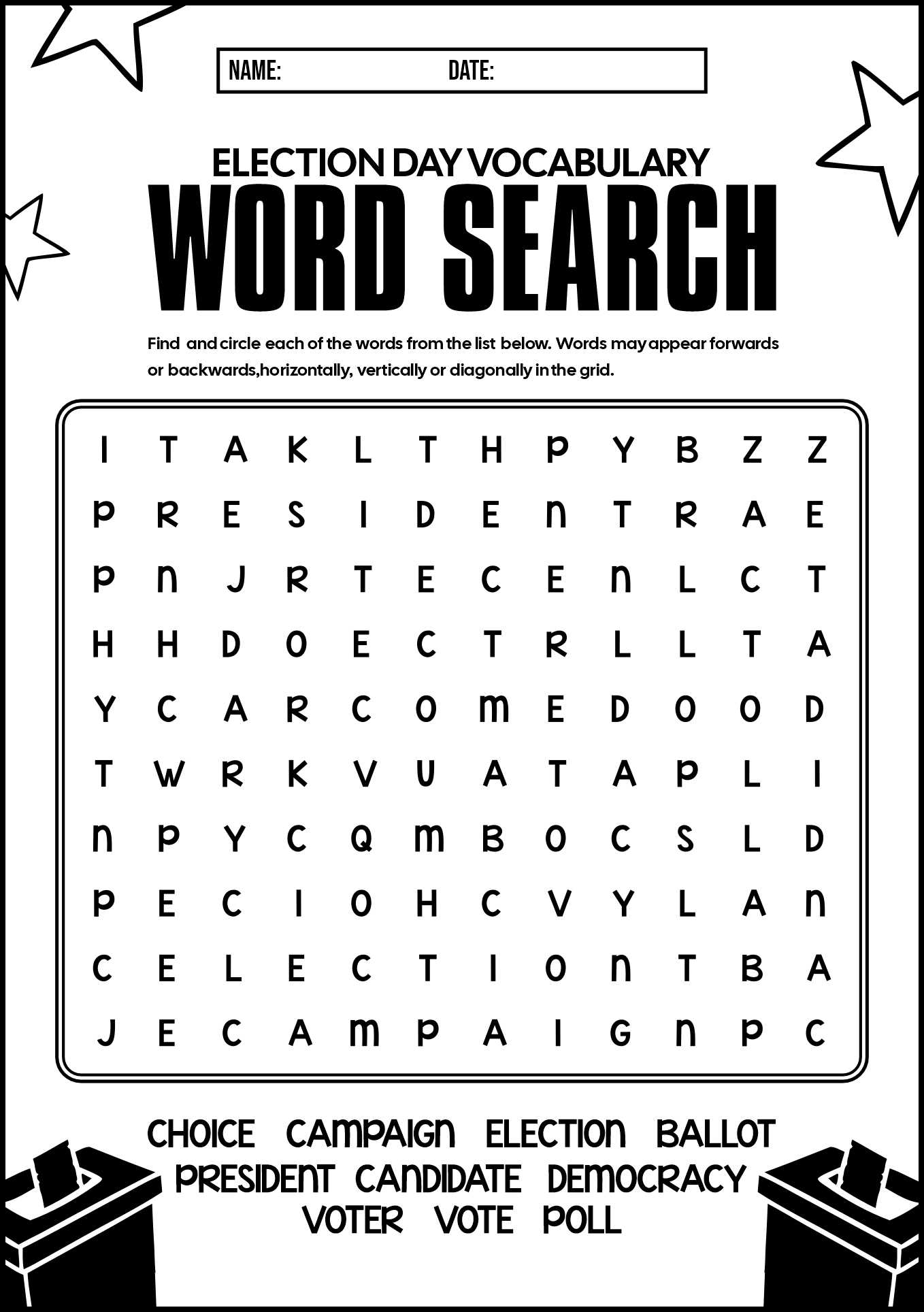 Election Day Vocabulary Word Search Worksheet