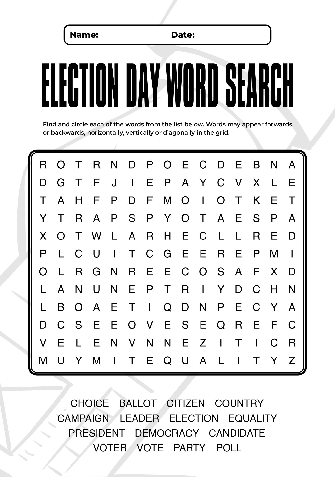 Election Day Word Search for Students
