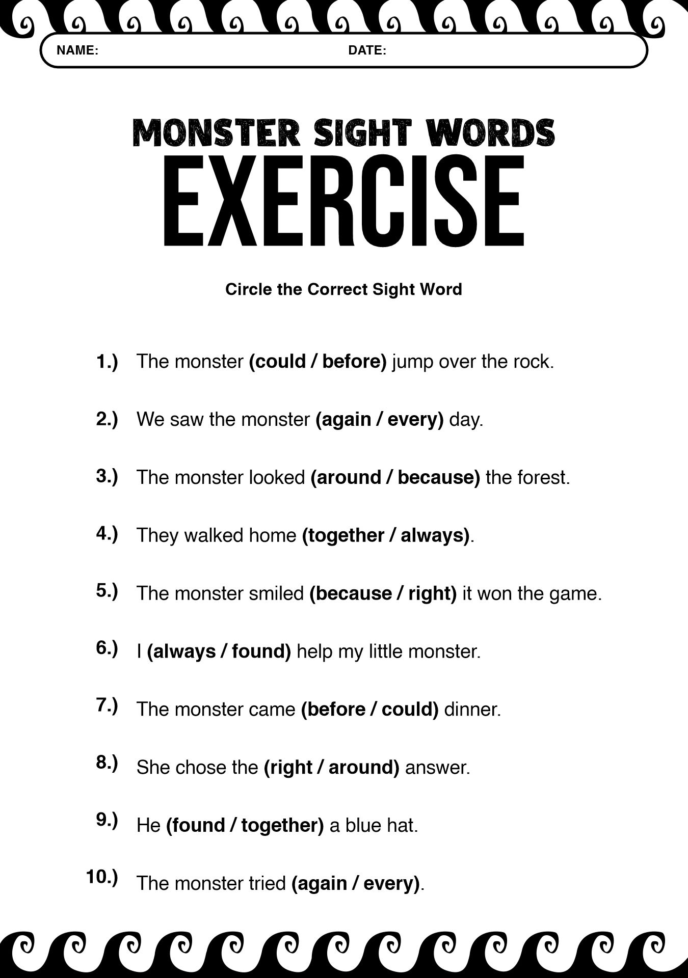 Monster Sight Words Exercises for 2nd Grade