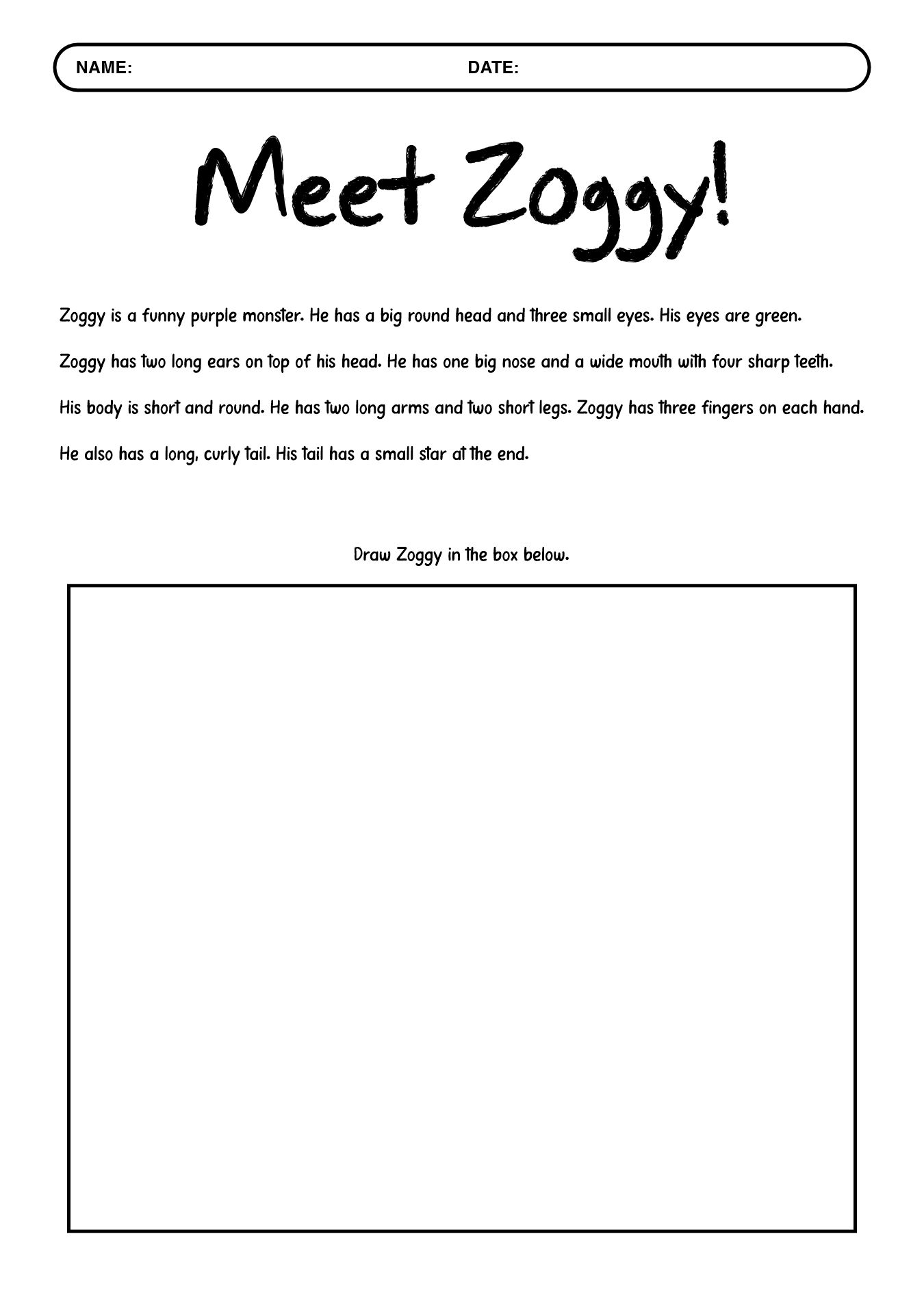 Read and Draw Monster Worksheet for 2nd Grade