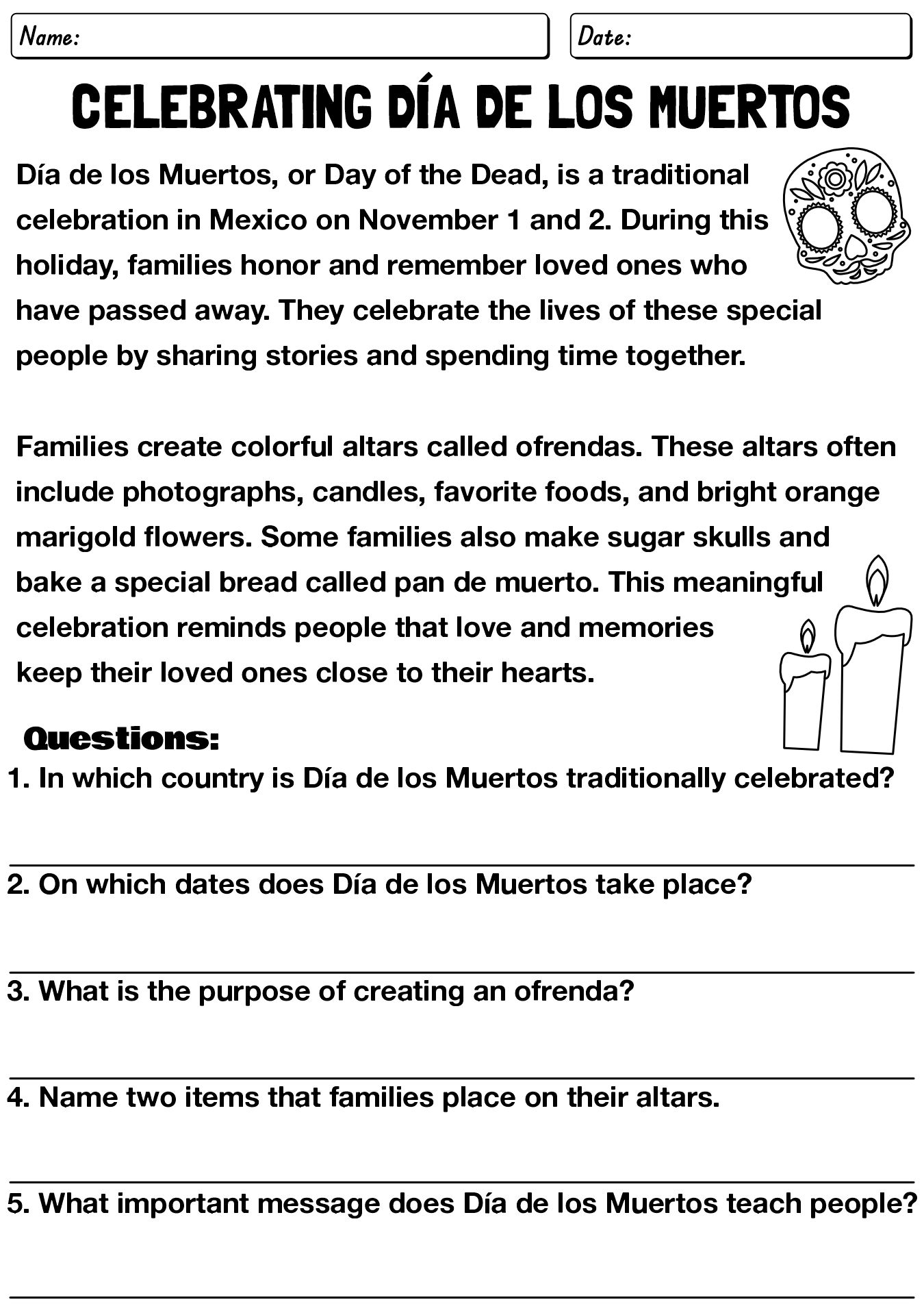 Reading Comprehension Worksheet Dia De Los Muertos