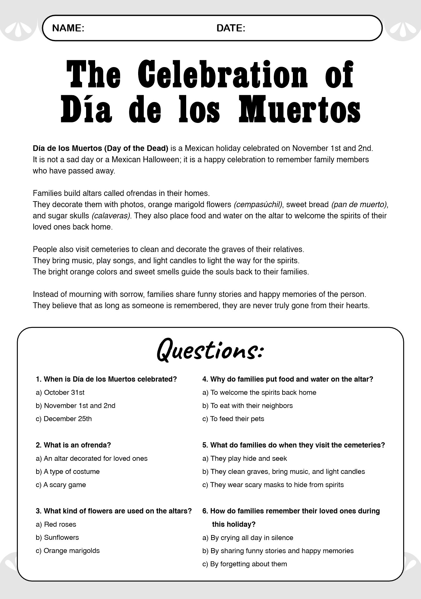 Spanish Class Día de los Muertos Worksheets