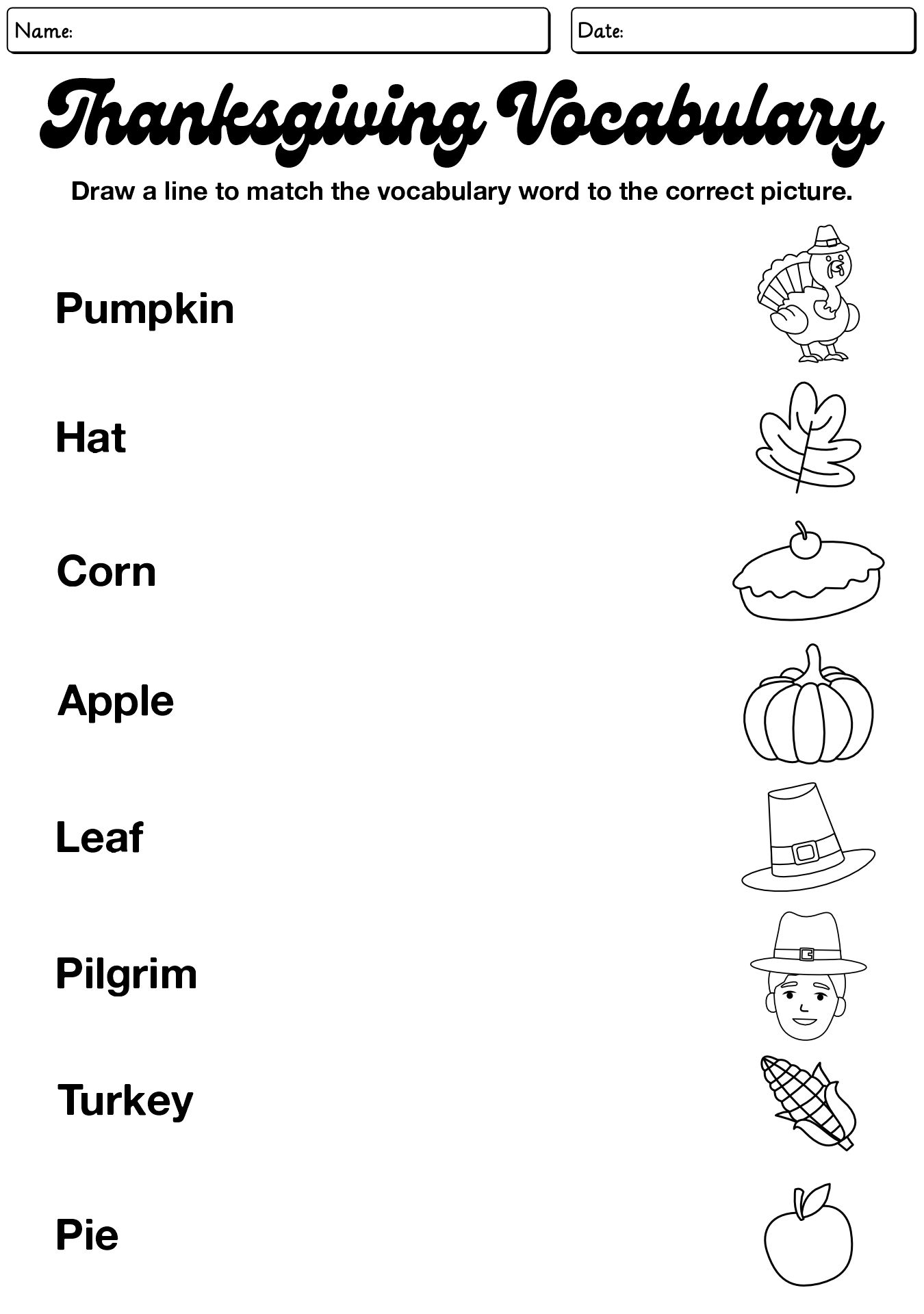 Thanksgiving Vocabulary Exercises Worksheet