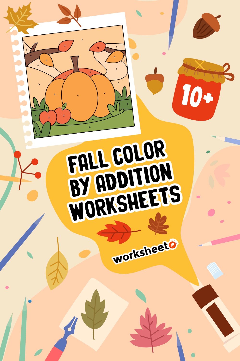 Fall Color by Addition Worksheets